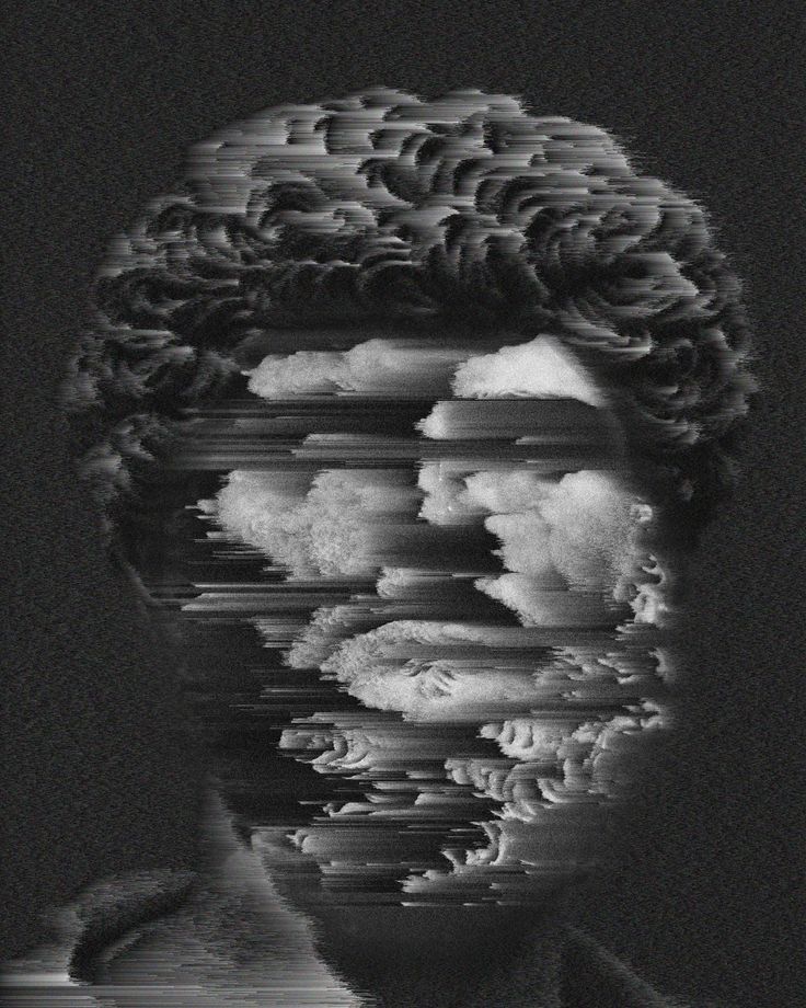 a black and white photo of a man's head with clouds in the background