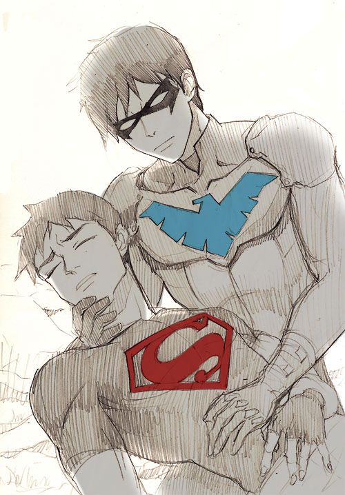 a drawing of two people dressed up as superman and the man is hugging each other