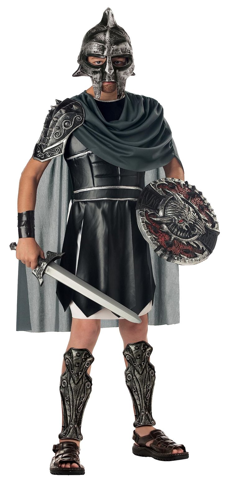 PRICES MAY VARY. Size: Large (10-12) 100% polyester interlock knit fabric and foam-backed faux leather Sleeveless knee-length tunic is white interlock Front armor is black foam-backed faux leather with fabric waist ties Gray interlock cape has front swag & is attached to armor at shoulders Space Cowgirl Costume, Gladiator Costume, Gladiator Armor, Gladiator Costumes, Football Costume, Stitch Costume, Party City Costumes, Best Friend Halloween Costumes, Trio Halloween Costumes