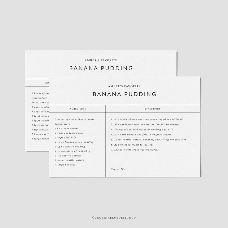 two white business cards with the words banana pudding written in black and white on them