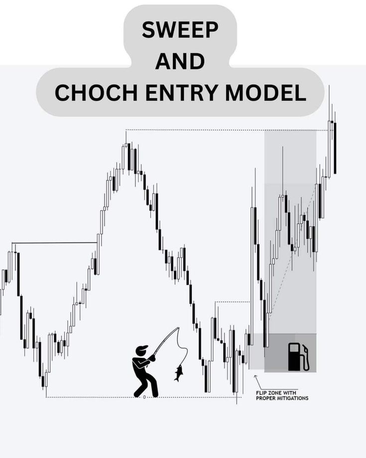 a man holding a fishing pole in front of a chart with the words sweep and choch entry model