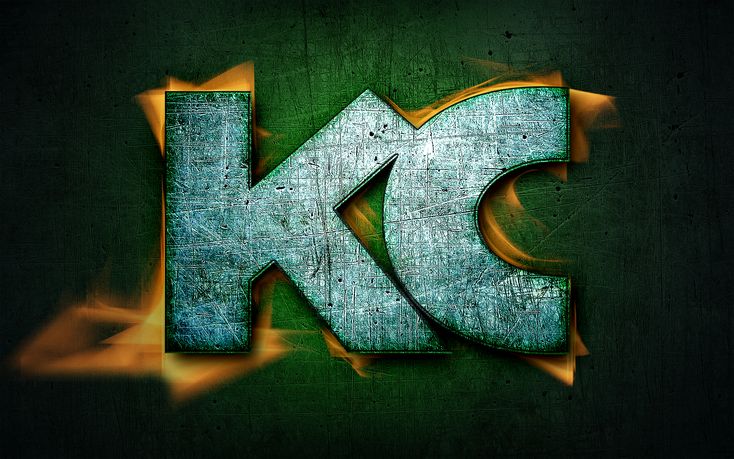 the letter k is made up of fire and ice on a green background with yellow flames