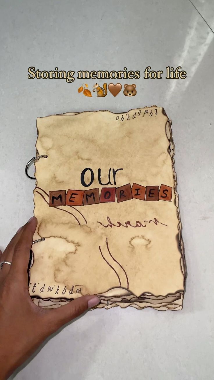 someone is holding an old book with the words our memories written on it