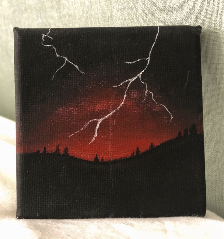 a painting of a red and black sky with lightning