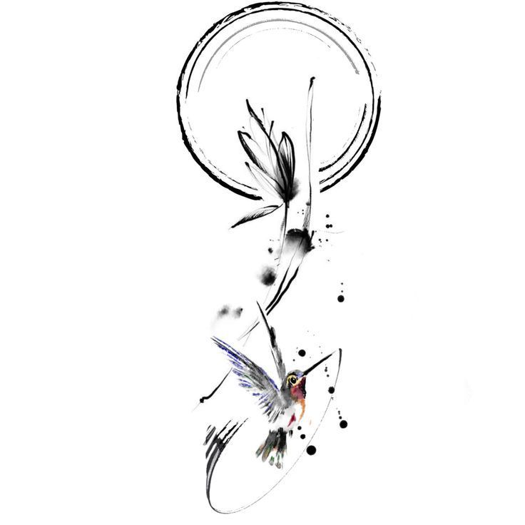 a drawing of a hummingbird flying in the air with its wings spread out and two circles around it