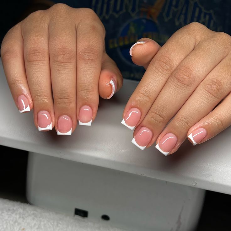 Cute French tips 🥰 Nails Short Acrylic French Tip, Small French Acrylic Nails, Cute Nails Ideas For Short Nails, Short Short Nails Gel, Acrylic Tips Nails Short, Short Basic French Tip Nails, Frenchies Acrylic Nails Short, French Tips With Gel Polish, Short Nail Designs White Tip