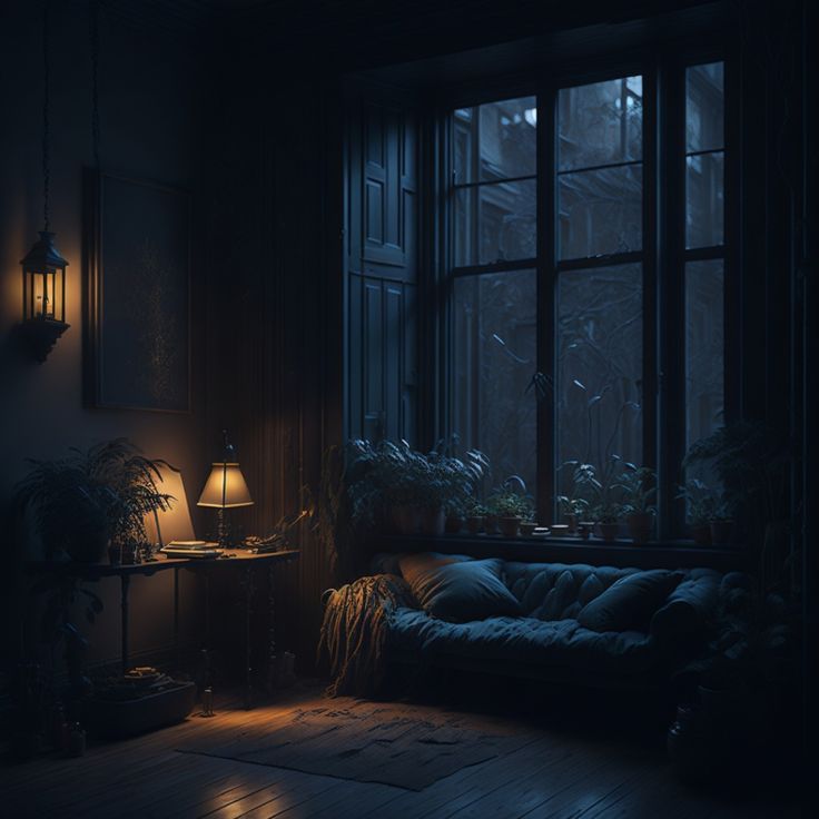 Quiet night...from cozy apartment Cozy Rainy Night Aesthetic, Dark Romantic Bedroom Ideas, Dark Romantic Bedroom, Dark Bedroom Aesthetic, Dark Blue Rooms, Dark Cozy Bedroom, Romantic Bedroom Ideas, Moody Living Room, Bedroom Ideas Romantic