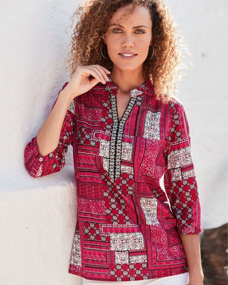 Cotton Traders Women’s Patchwork Tunic in Red Print Tunic, Tunic Length, Wedding Attire, Jumpers For Women, Plus Size Outfits, Women's Blazer, Length Sleeve, Shirt Blouses, Online Store