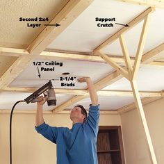 a man is working on the ceiling in his house, with tools attached to it