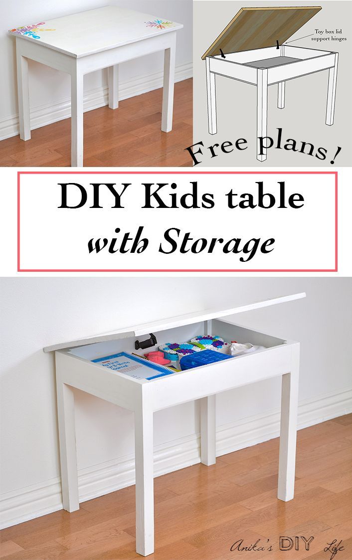 the diy kids'table with storage is shown in two different pictures and has text overlay that says, free plans