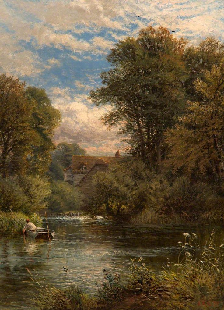 a painting of a river with trees and houses in the background