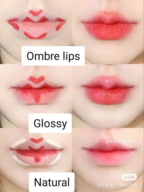 Korean Makeup Look Lips, Ombre Lip Tutorial, How To Do Korean Lips, Lipstik Ombre Tutorial Korea, Korean Ombre Lips, Korean Makeup Tutorials Step By Step, Simple Lip Makeup, Korean Lip Tutorial, Lip Techniques