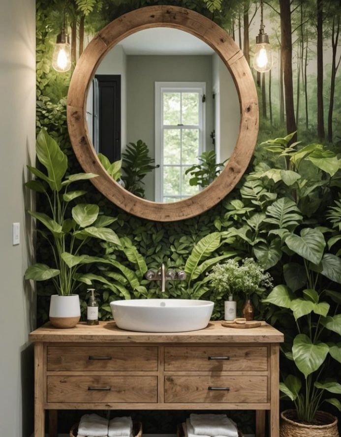 a bathroom with green plants and a round mirror