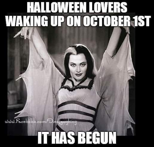 a woman dressed as a bat with her arms in the air and text that reads, halloween lovers waking up on october 1st it has begun