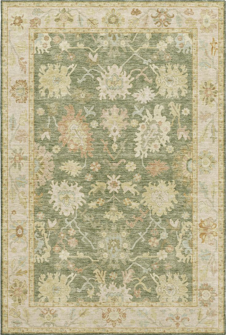 a green rug with white and beige flowers on the bottom, in front of a light blue background