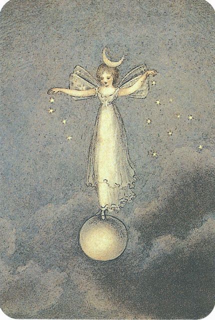 an angel standing on top of a white ball in the sky with stars around it