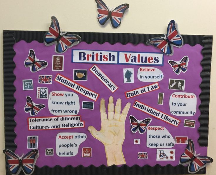 a purple bulletin board with butterflies and words written in different languages on it, along with a hand reaching for the word british value