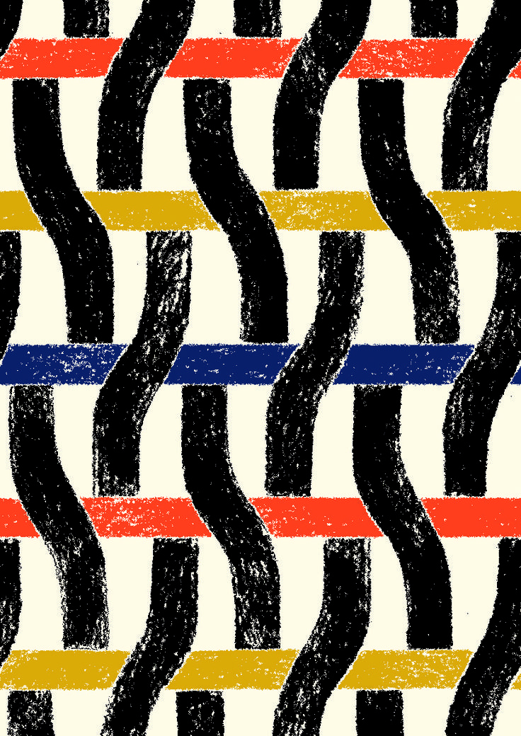 an abstract pattern with wavy lines in black, yellow, red and blue colors on a white background