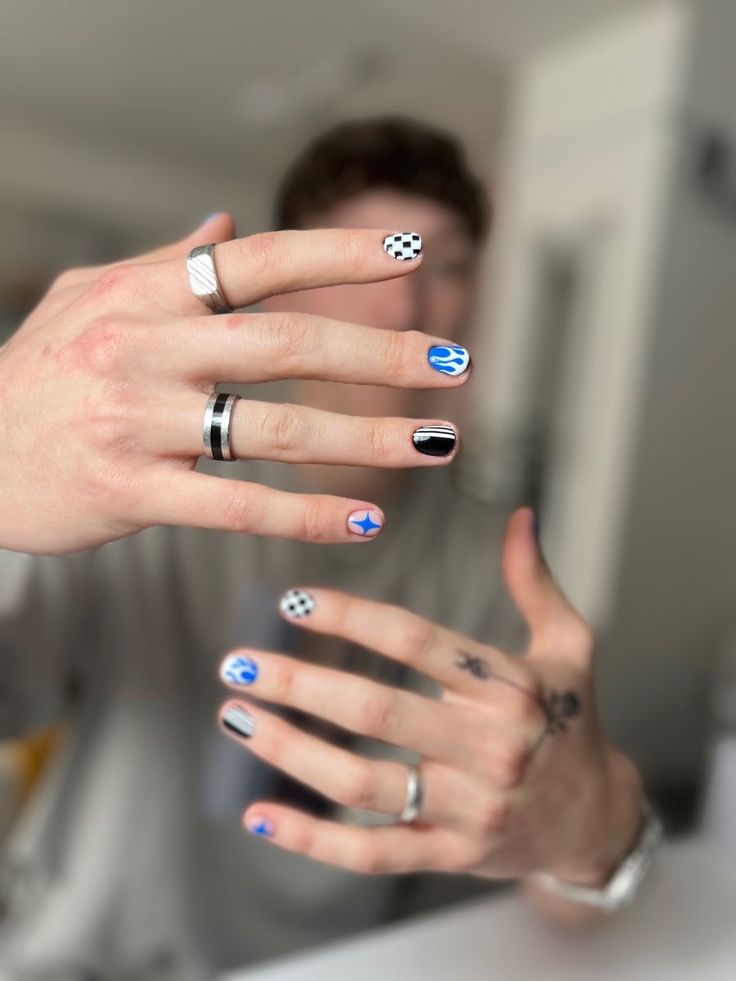 Nail Ideas For Men Black, Men’s Fingernail Design, Nail Art For Men Black And White, Cool Nail Art For Men, Cool Nail Designs For Men, Gel Nails For Men, Black And White Nails Men, Black Nail Designs Men, Blue Nails Men