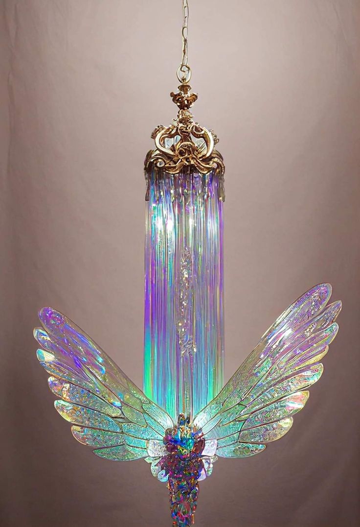 a chandelier hanging from a chain with wings on it