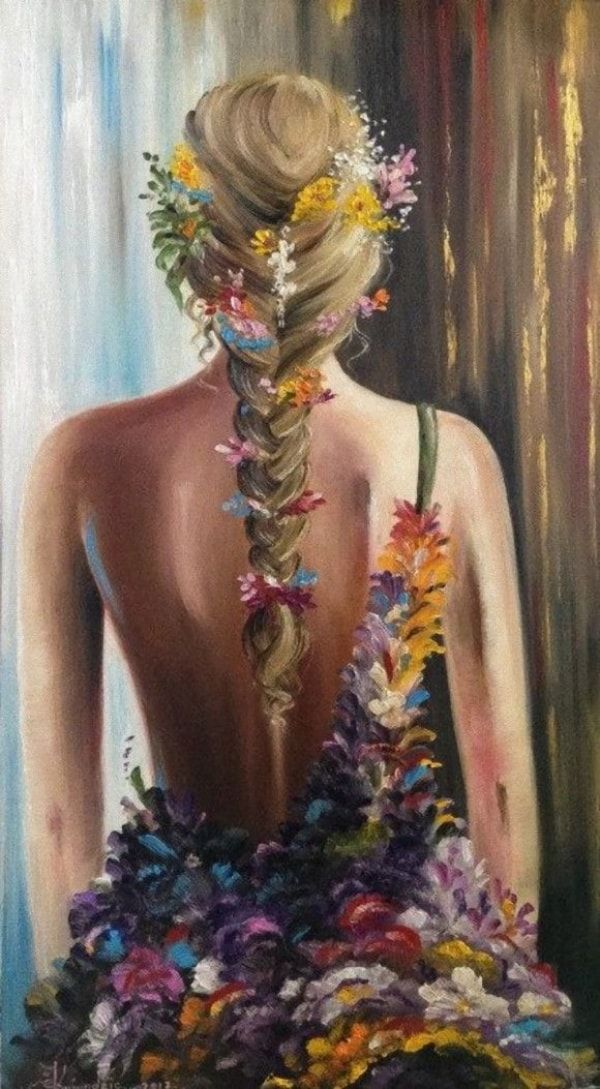 a painting of a woman with flowers in her hair