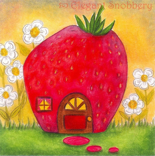 a drawing of a strawberry house in the grass