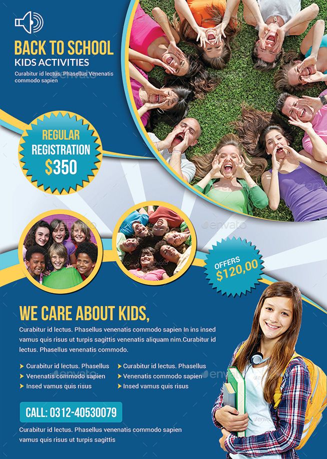 the back to school flyer is shown in purple and blue