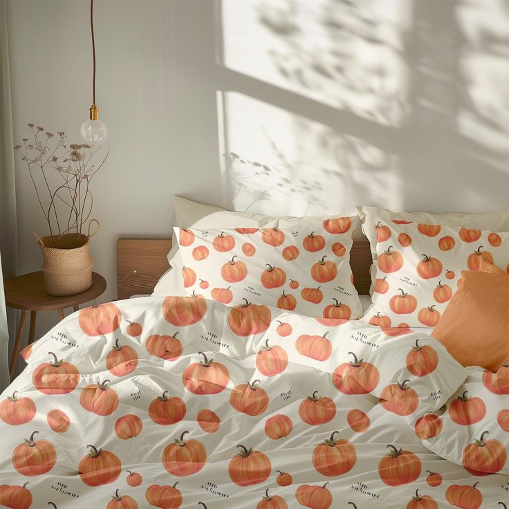 a bed with pumpkins printed on it in a room next to a lamp and potted plant