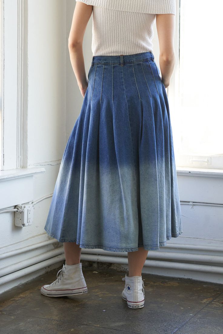 A dip dyed denim full midi skirt featuring front closure and side pocketDetails:Self : 100% CottonSize & Fit- Model is 5`9" And Wearing Size Small- Measurements Taken From Size Small- Approx. Length: 33" Curvy Maxi Dress, Dyed Denim, What To Wear Fall, Full Midi Skirt, Midi Skirt Outfit, Fuchsia Dress, Dip Dyed, Resort Dresses, Flying Tomato