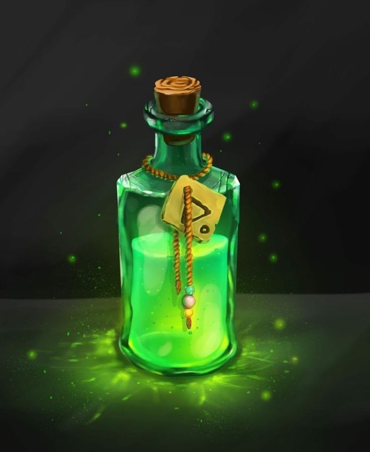 a green glass bottle filled with liquid and a gold tag on it's neck