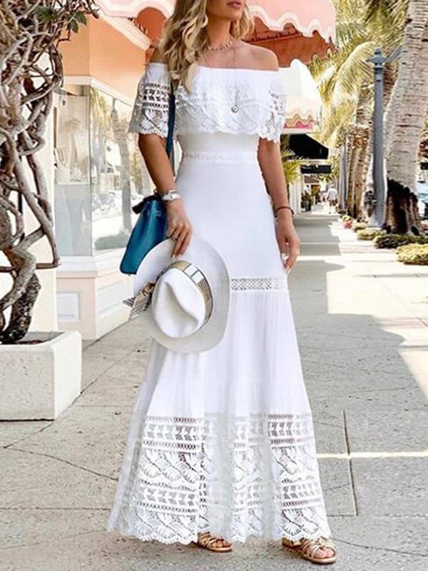 High Waisted Short Sleeves Hollow Solid Color Split-Joint Off-The-Shoulder Maxi Dresses BLACK-2XL Glamouröse Outfits, Maxi Dress Outfit, Dress Sleeve Styles, Lace Dress With Sleeves, Party Dress Short, Maxi Skirts, Party Dress Long, Lace Fashion, Lace White Dress