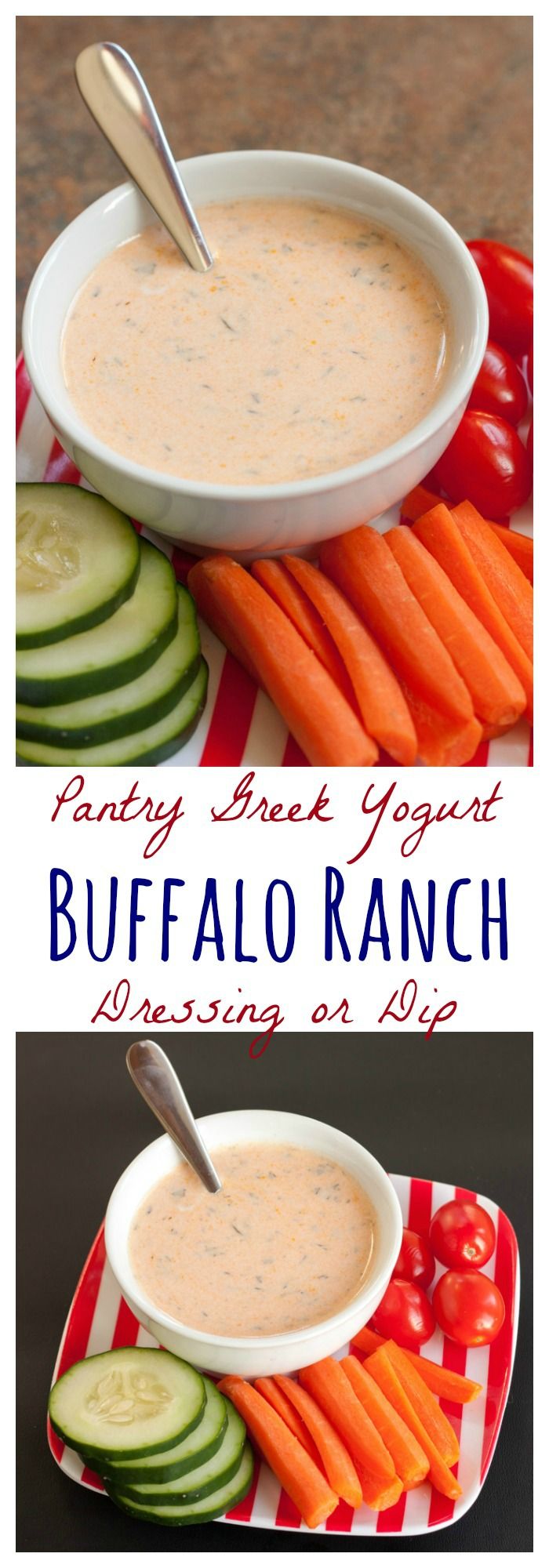 two pictures with different types of food in them and the words, pantry break yogurt buffalo ranch