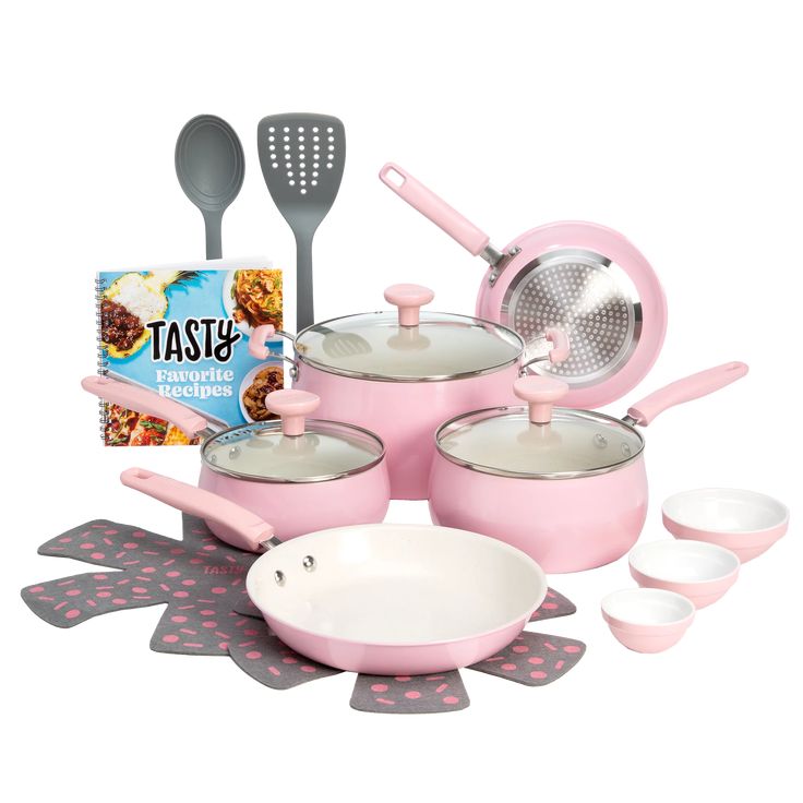 pink pots and pans with matching utensils