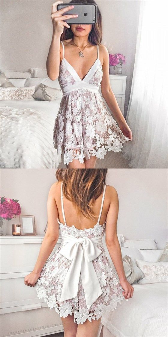 Sexy A-Line Spaghetti Strap Short Pink Lace Homecoming Dresses with Bow Knot, QB0066 #homecomingdresses #homecoming Home Coming Dresses, Poofy Wedding Dress, Dresses With Bow, Homecoming Dress Short, Bohemian Style Dresses, Cheap Homecoming Dresses, Pink Homecoming Dress, Moda Chic, Lace Homecoming Dresses