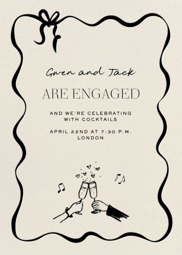 an image of a wedding card with the words, we're engaged and two champagne flutes