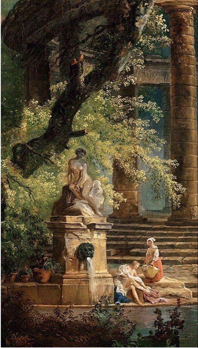 a painting of people sitting on steps in front of a fountain and trees with water