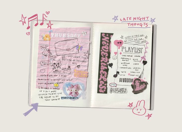 an open book with drawings on it and music notes in the pages next to it