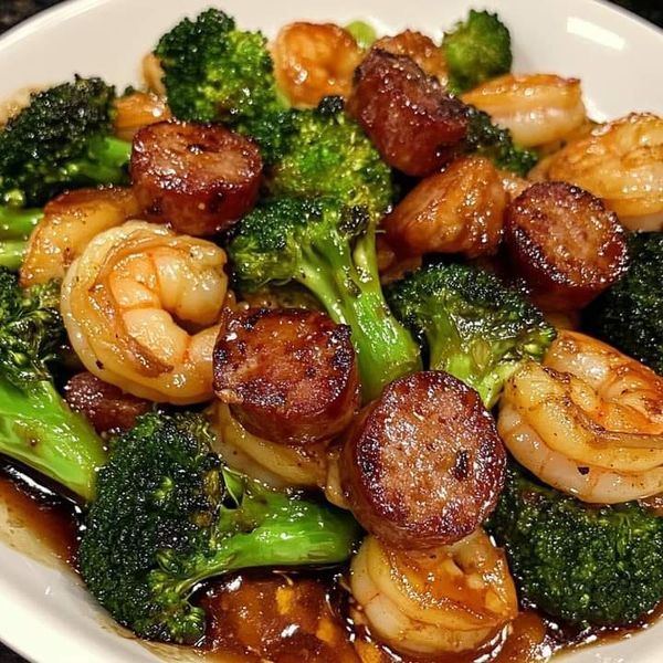 broccoli and shrimp with sauce in a white bowl