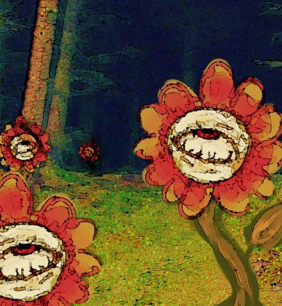 an artistic painting of flowers in the woods