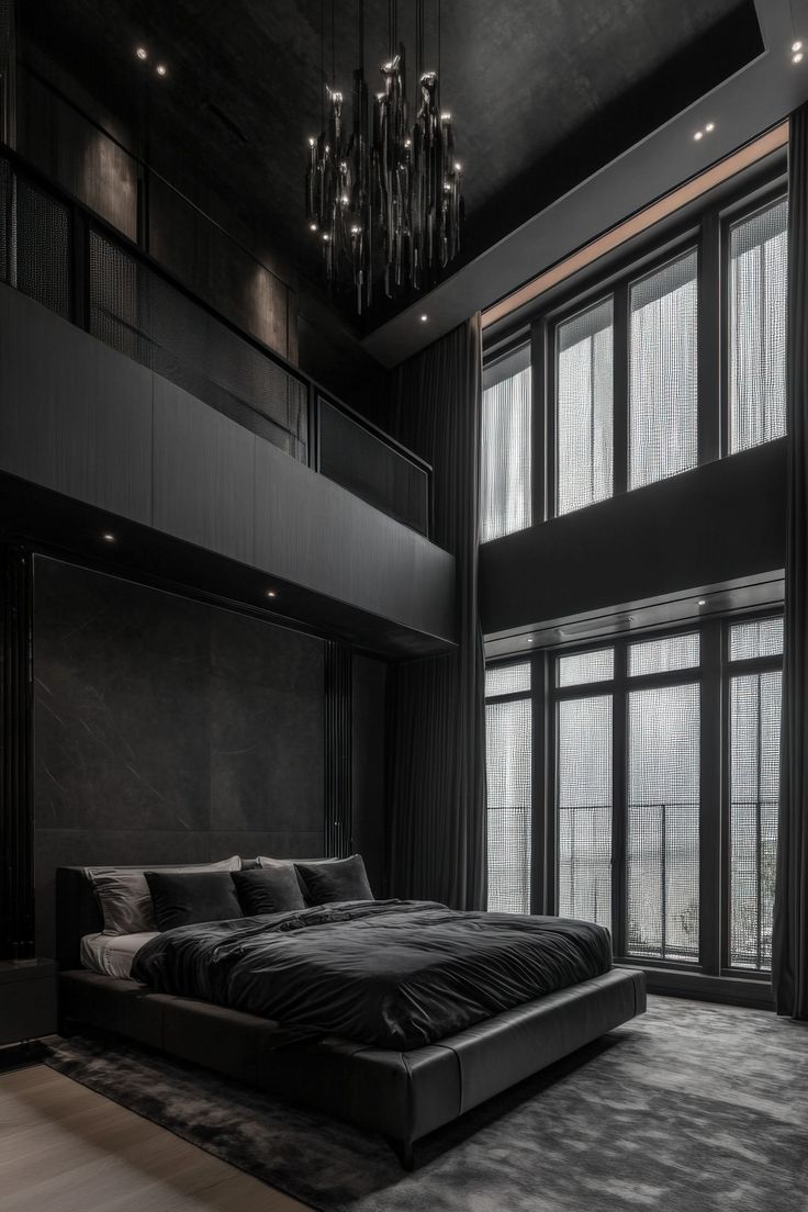 a large bed sitting in the middle of a bedroom next to two windows and a chandelier