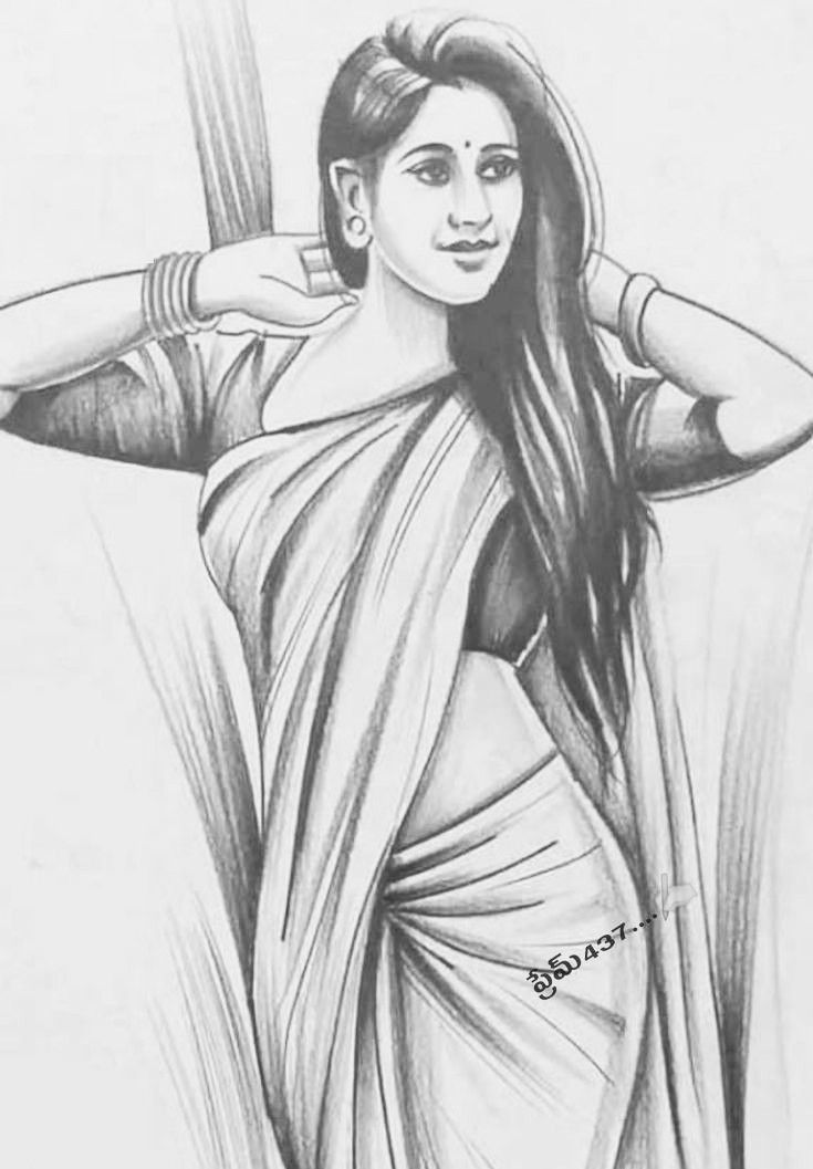 a pencil drawing of a woman with long hair wearing a sari and holding her hands behind her head