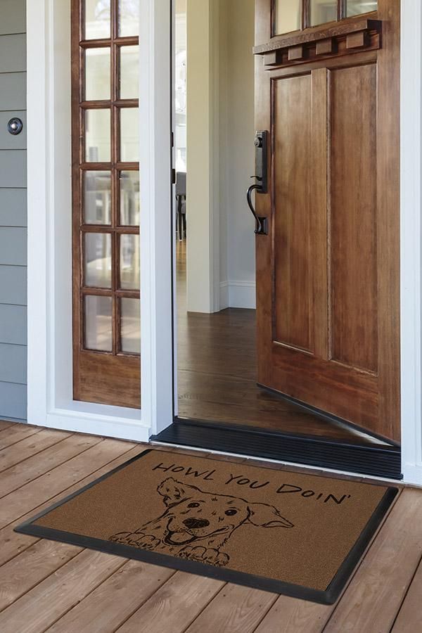 a dog door mat that says hello you don't with an image of a dog on it