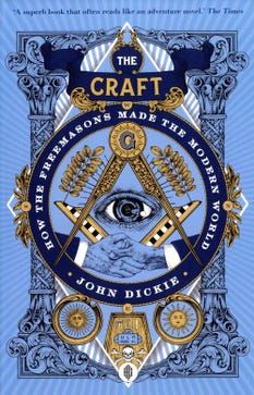 the craft book cover with an all seeing eye and masonic symbols in blue, gold and white