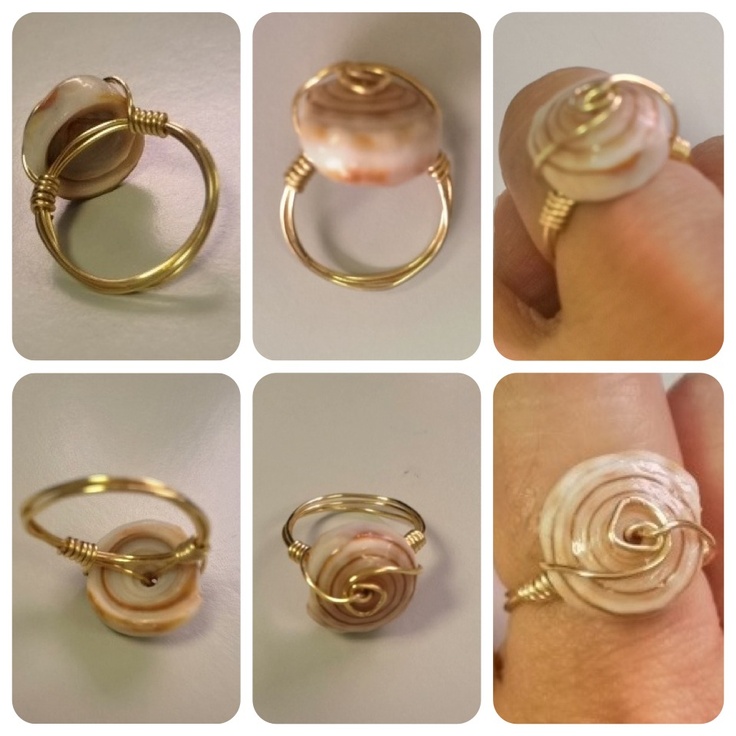 four pictures of different types of rings with pearls on them and gold wire wrapped around the ring