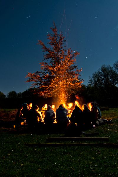 a group of people sitting around a campfire at night