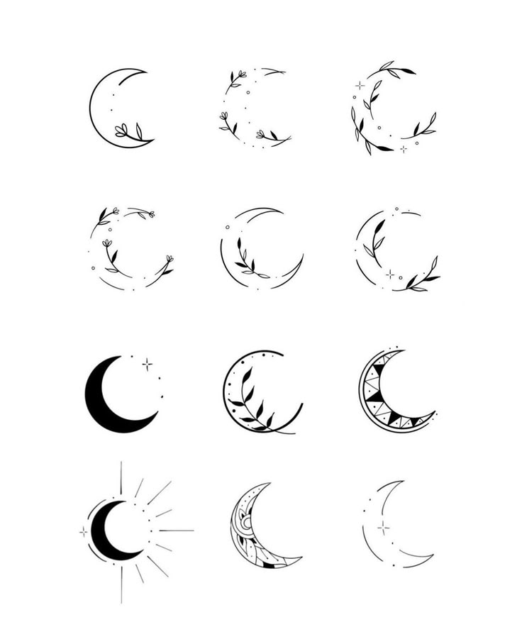 twelve phases of the moon in black and white with stars, crescents and sun