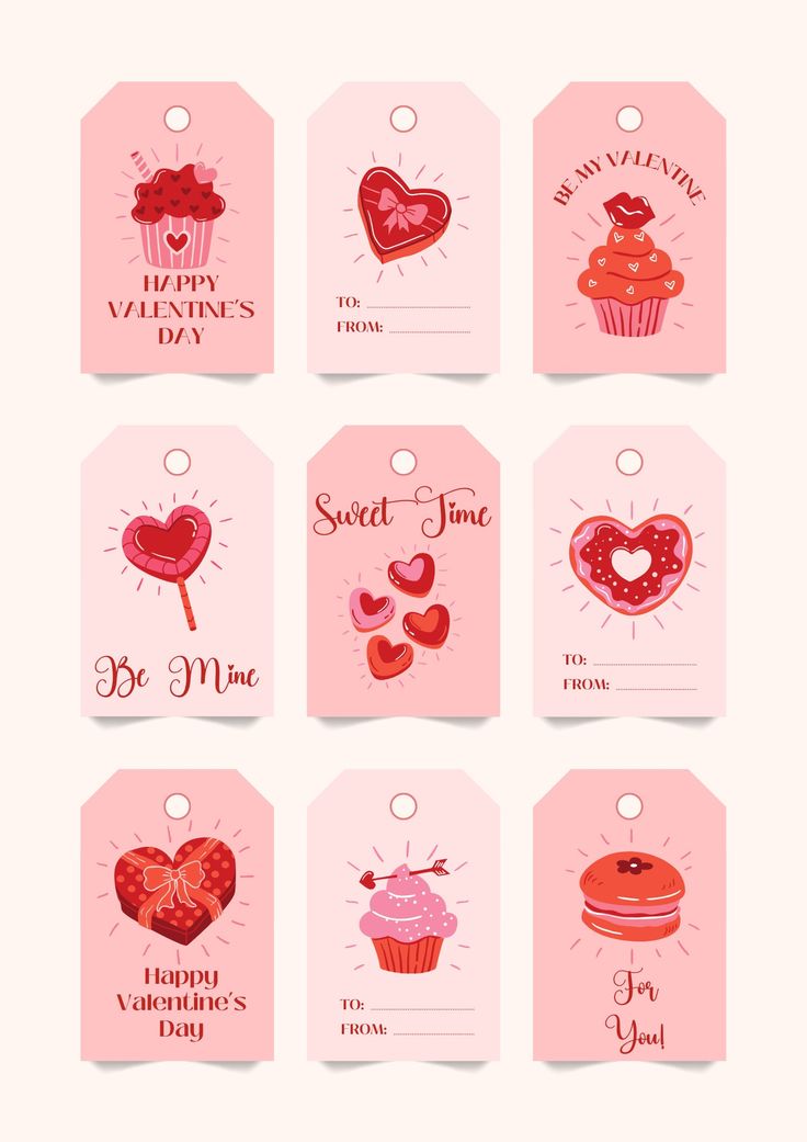 valentine's day tags with hearts and cupcakes