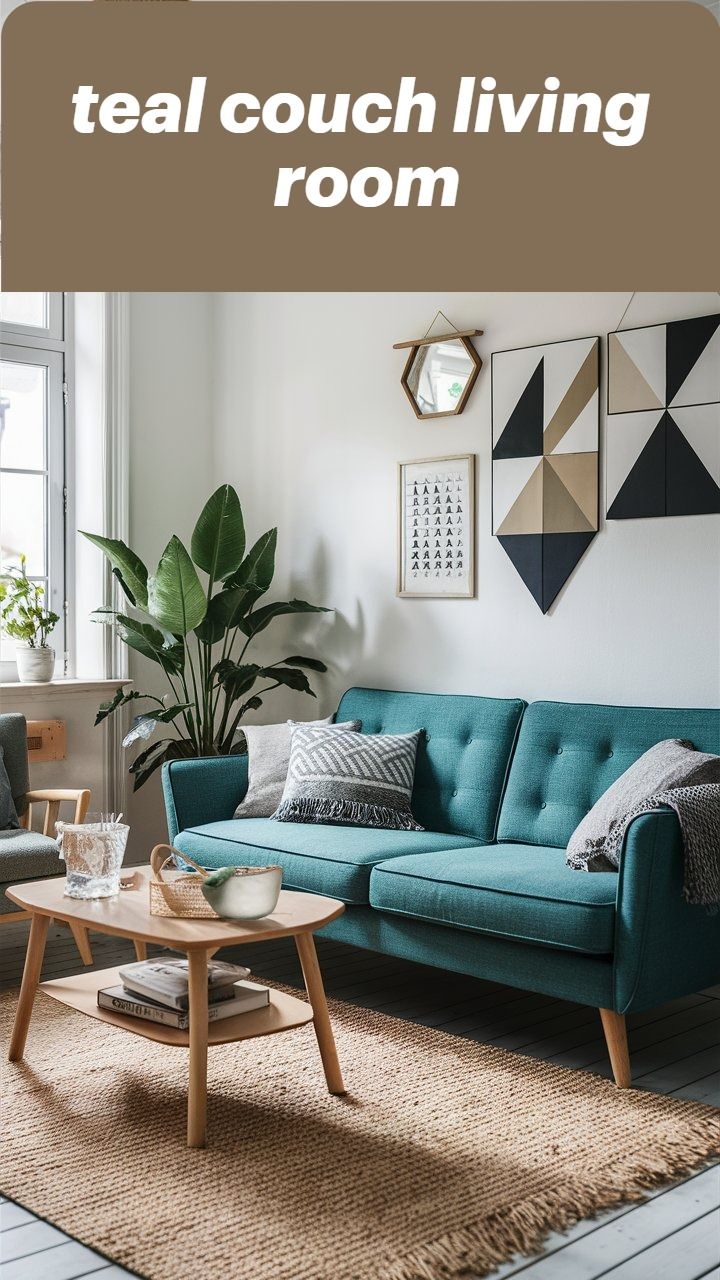 a teal couch living room with the text overlay that reads, teal couch living room