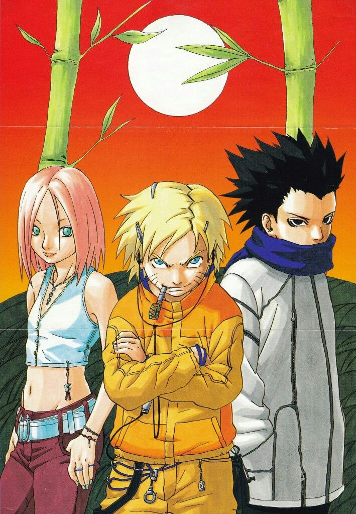 three anime characters standing next to each other in front of bamboo trees and the sun