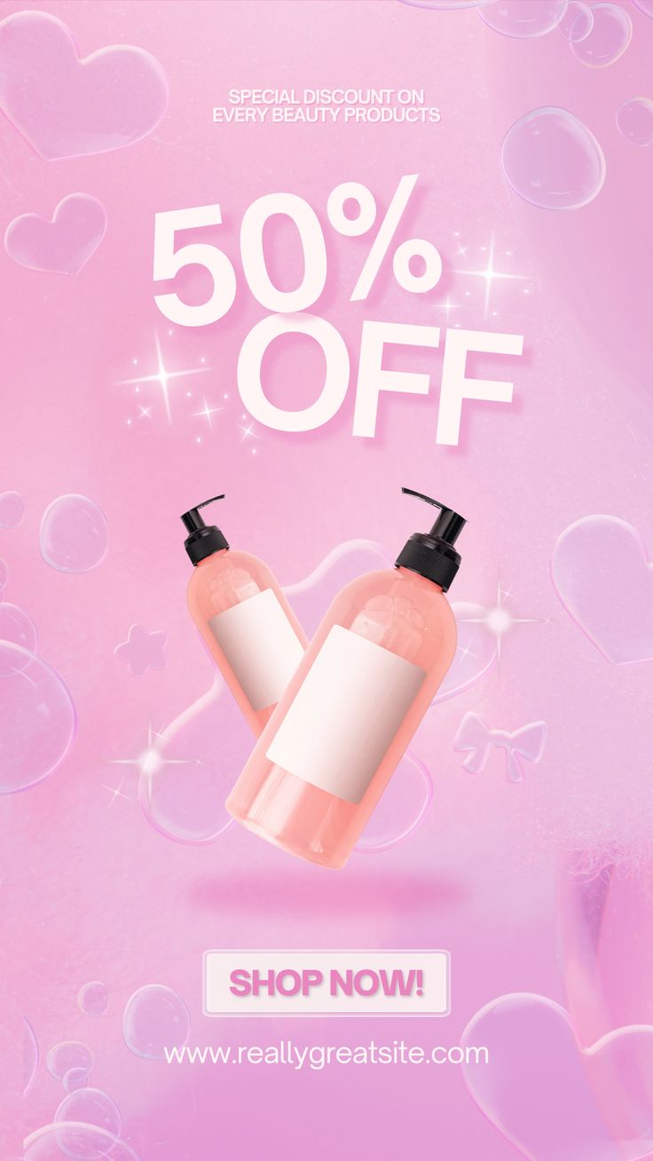 a pink background with two bottles of soap and the words 50 % off